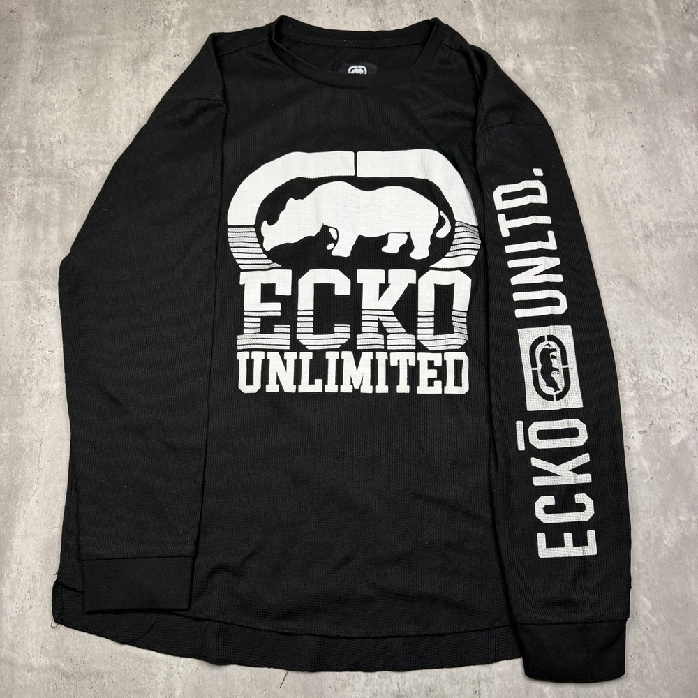 Ecko Unltd Mens Thermal Shirt XXL Waffle Knit Long Sleeve Y2K Streetwear Black
